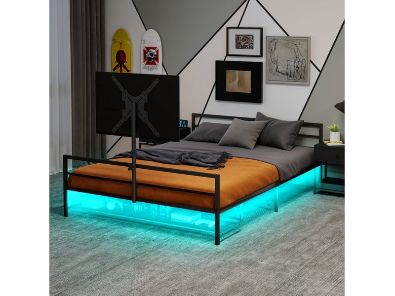  Lit 1 place, 90x200 cm, support écran orientable avec led intégrée, espace nuit, style moderne, métal, coloris noire  - Conforama B
