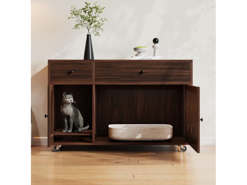  Meuble cache-litière à roulettes 100x45x66 cm – noyer – 2 tiroirs, portes ventilées, plaque amovible  - Conforama B