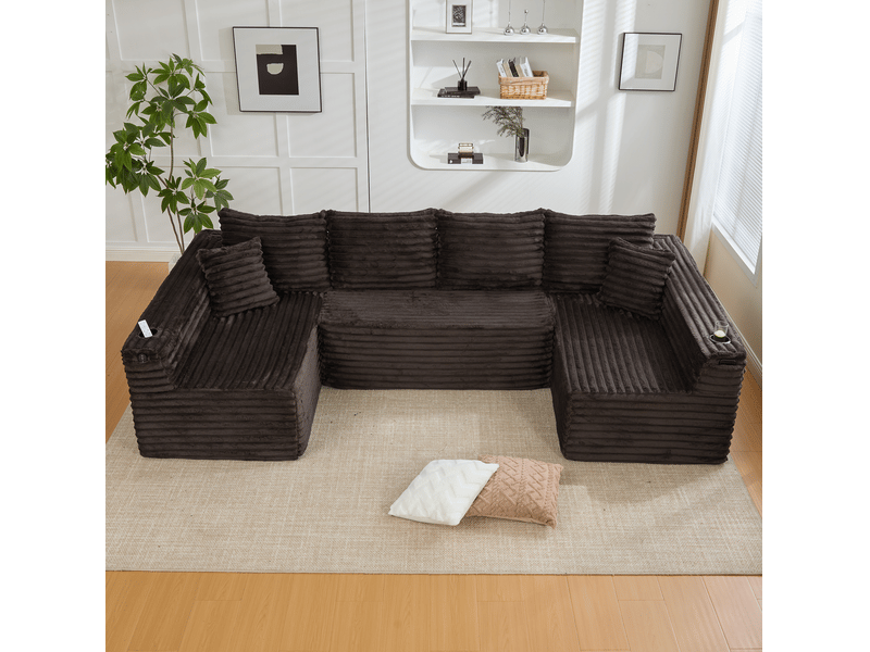  Canapé modulable en u modenvie 6 places en velours côtelé marron 320 x 155 x 88 cm avec porte-gobelets et poches latérales  - Conforama E