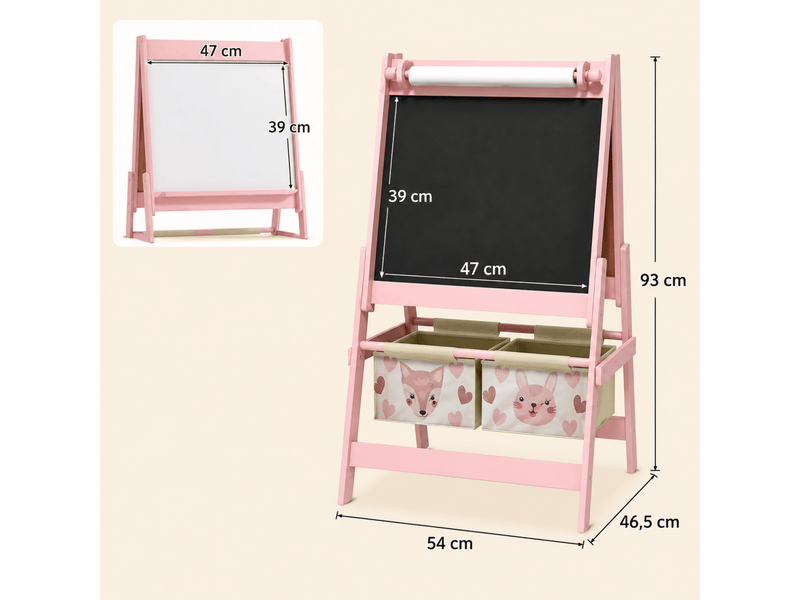 Chevalet enfant 3 en 1 54 x 46,5 x 93 cm rose en bois, tableau blanc, tableau noir et rouleau papier - Conforama C