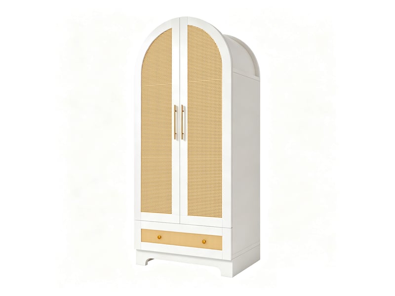  Armoire à 2 portes avec 2 tiroirs et grand rangement, portes aspect rotin, blanche pour chambre 70 × 55 × 170 cm  - Conforama A