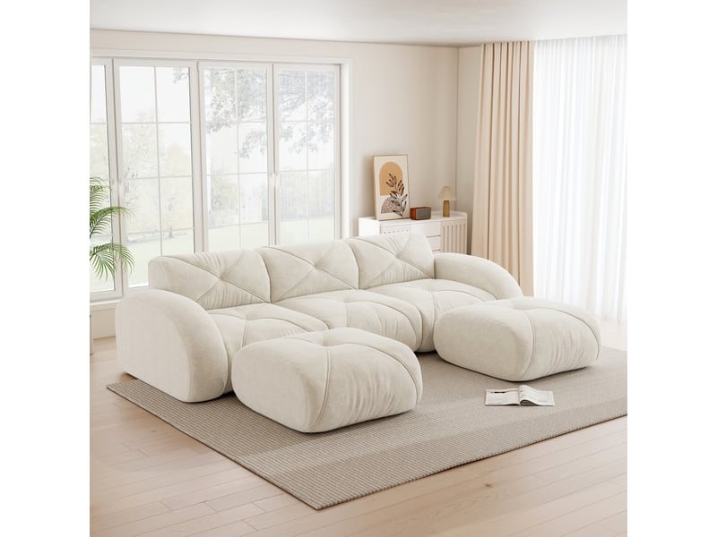  Canapé modulable 3 places en forme de u, revêtement en chenille beige clair, design sans cadre pour salon moderne  - Conforama B