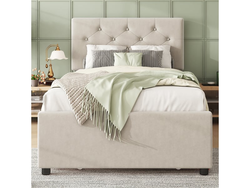  Lit rembourré 90x200 cm avce lit gigogne, lit enfant avec sommier a lattes, lit 1 personne avec tiroir coulissant, beige, velours  - Conforama E