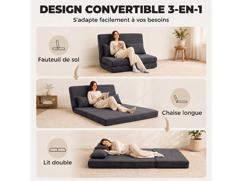  Canapé-lit pliant, chauffeuse 2 places convertible velours côtelé, dossier réglable, assise large, gris, 2 oreillers  - Conforama A