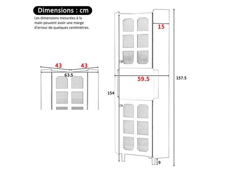  Meuble d'angle led avec 2 portes vitrées et niche ouverte, éclairage par application, noir, 63,5 × 157,5 cm  - Conforama D