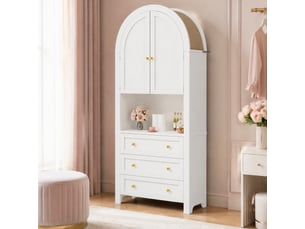 Armoire haute courbée 70x35x180 cm, design élégant avec 3 tiroirs et portes arrondies, mdf, anti-basculement, blanc