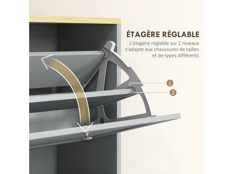  Meuble à chaussures 18 paires, armoire à chaussures avec 3 tiroirs rabattables, étagères réglables, gris, 60x23,5x115cm  - Conforama E