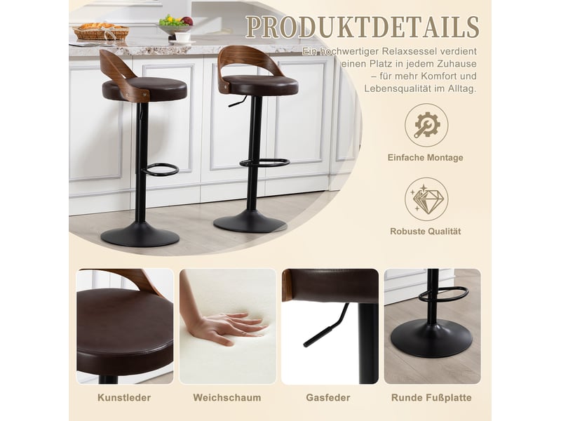  Tabouret de bar pivotant 360° avec hauteur réglable, dossier ergonomique et repose-pieds, en pu marron  - Conforama E