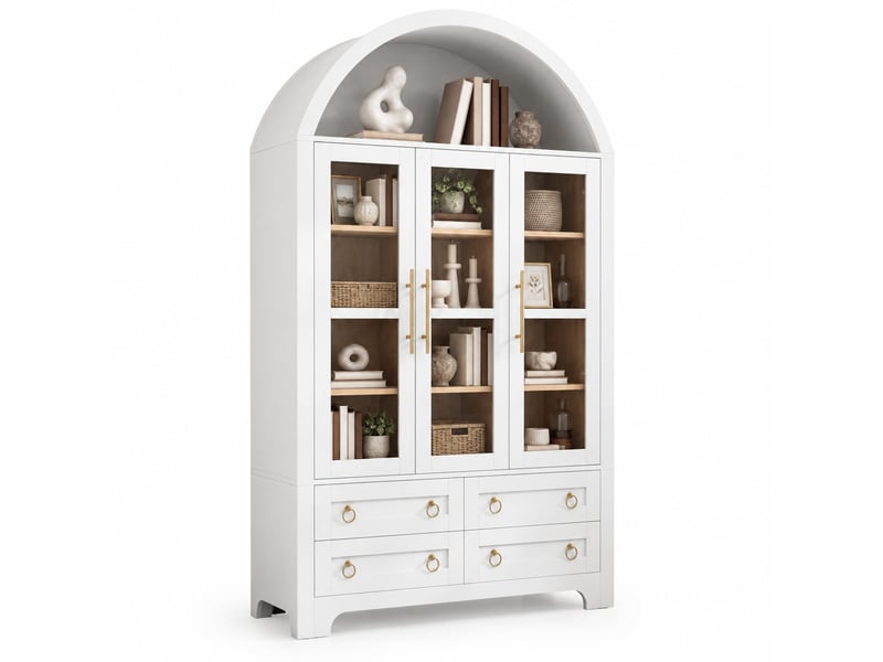  Vitrine 110x40x185 cm blanc avec 3 portes vitrées, 4 tiroirs et niche ouverte  - Conforama A
