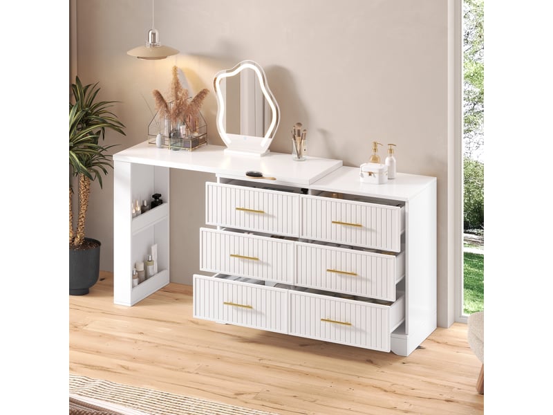  Coiffeuse d'angle blanche avec miroir led 3 couleurs, table de maquillage modulable en l avec tiroirs, 110cm  - Conforama E