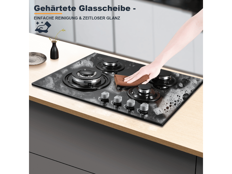 Plaque de cuisson gaz 4 feux, table de cuisson gaz encastrable 60 cm, verre trempé, allumage électronique, 8060 w - Conforama E