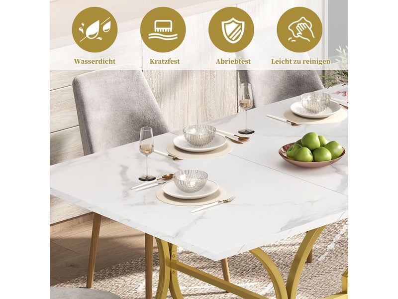Table à manger 200x80, design marbre moderne, surface anti-taches antirrayures, 10x10personnes, structure métal or - Conforama D