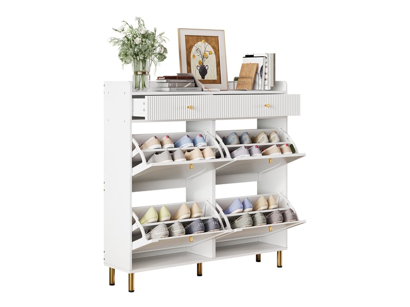 Meuble à chaussures 106,5x25x105,5 cm en mdf et panneaux de particules avec 4 abattants et 2 tiroirs blanc chicfurn  - Conforama A