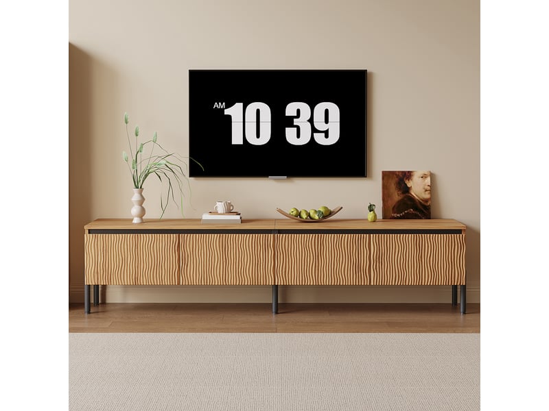  Meuble tv 180x35x43 cm - meuble bas avec 4 portes ondulées, rangement fermé, passe-câbles, pieds en métal, structure en pb et mdf  - Conforama E