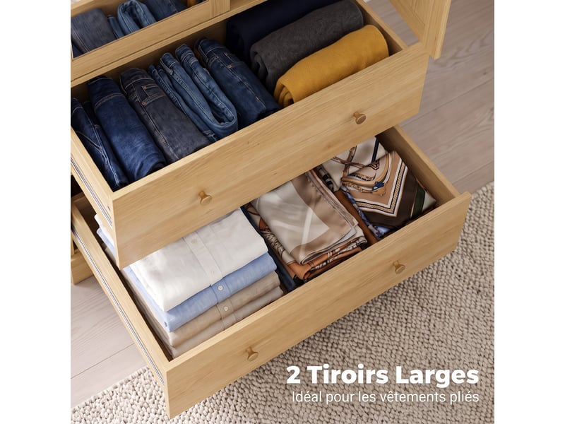  Armoire chambre penderie avec miroir, 2 portes, 2 tiroirs et barre de suspension, 80 x 50 x 180 cm, chêne  - Conforama E