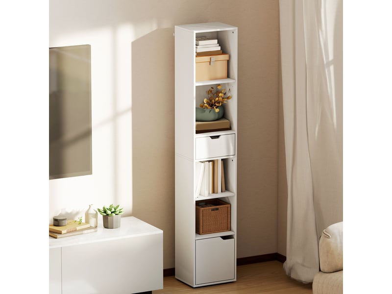  Bibliothèque, étagère à livres, meuble de rangement avec tiroir placard compartiments ouvertes, 30 x 24 x 158 cm, blanc  - Conforama D