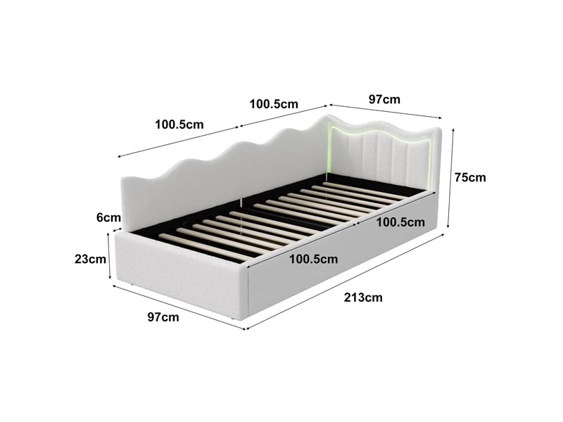  Lit enfant 90x200, tête de lit ondulée, mécanisme hydraulique, bande lumineuse led, tissu teddy blanc  - Conforama C