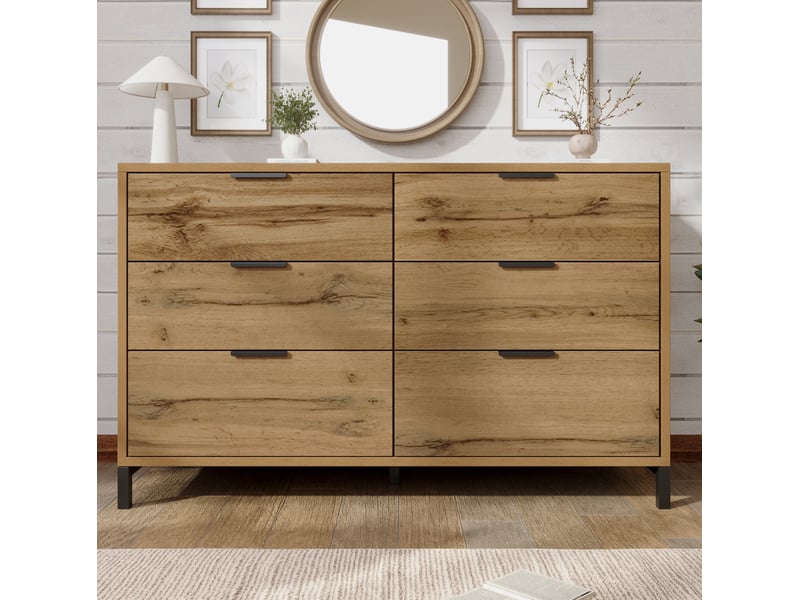  Commode tcqpz 6 tiroirs 120 x 40 x 76 cm chêne foncé métal style industriel  - Conforama E