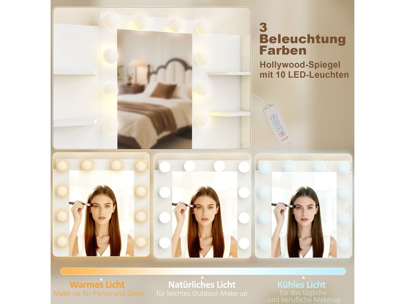  Coiffeuse avec miroir led et tabouret 6 tiroirs blanc 120 x 40 x 140 cm  - Conforama D