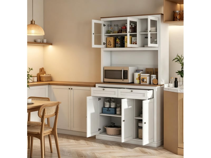 Buffet de cuisine blanc et bois clair avec 2 tiroirs, vitrines et plan de travail, rangement modulable  - Conforama D