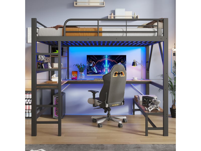 Lit mezzanine - 160x200 cm - bureau intégré - échelle - barrières de sécurité - rangements intégrés - éclairage led - noir CozyNest - Conforama C