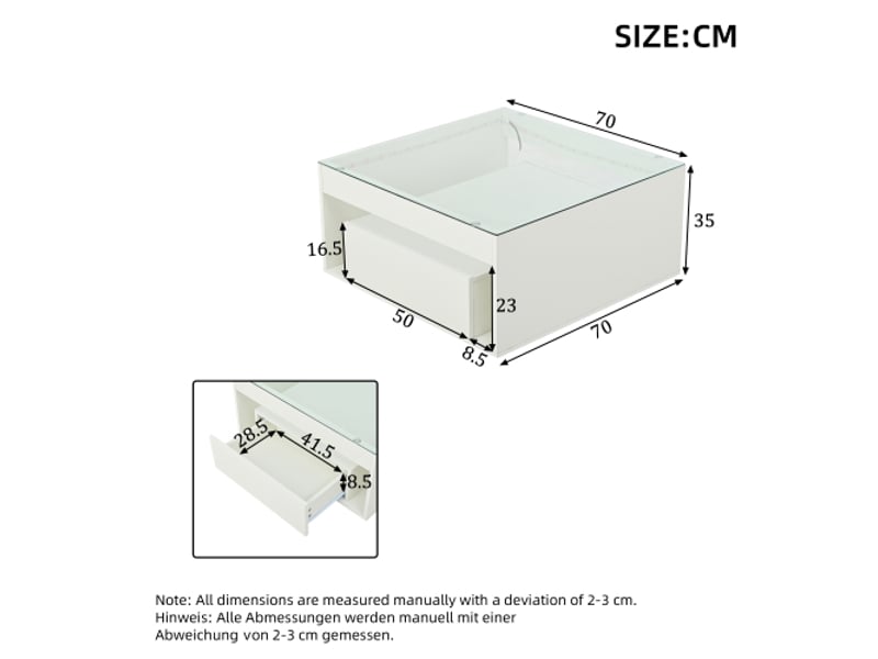  Table basse 70 x 70 cm blanc brillant, 2 tiroirs, design ajouré, plateau en verre trempé led  - Conforama C