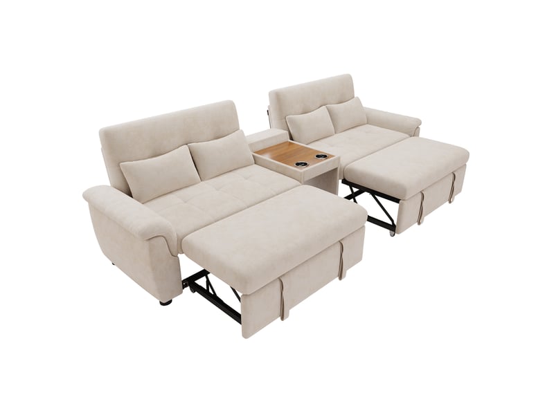 Canapé panoramique en u convertible 4 places avec double couchage, dossier réglable et porte-gobelets en chenille beige - Conforama A