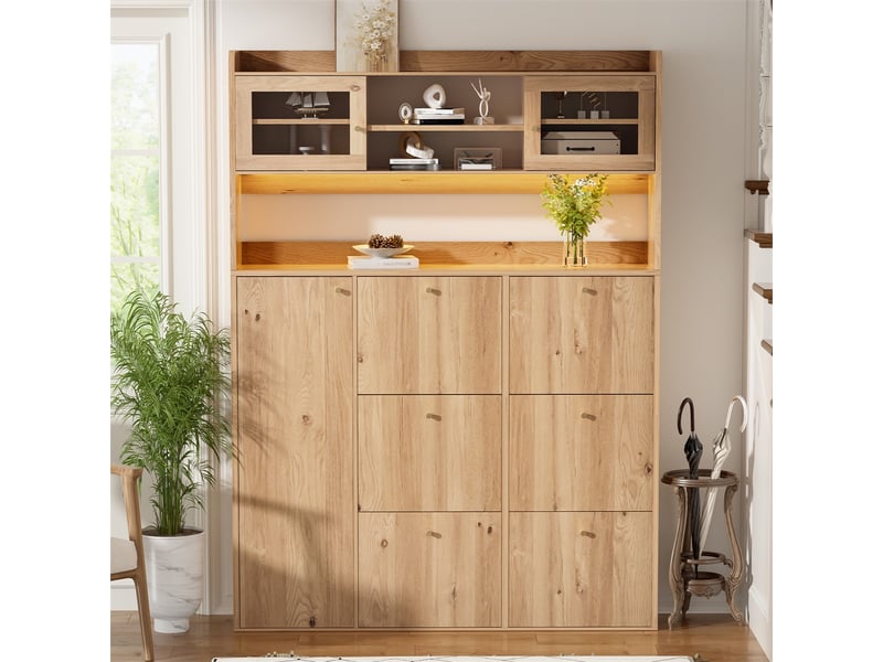  Meuble à chaussures avec led et vitrine – 130 x 25 x 180 cm – 6 abattants modulables et 1 porte verre – mdf - naturel  - Conforama E