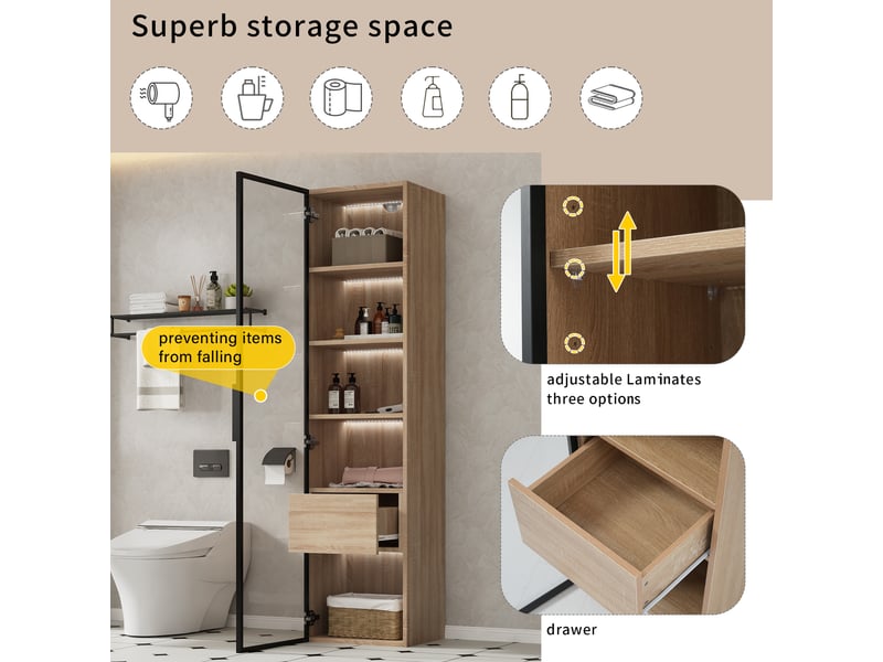  Colonne de salle de bain 1 porte verre 1 tiroir bandeau lumineux naturel 40 cm LY316201AAF - Conforama D