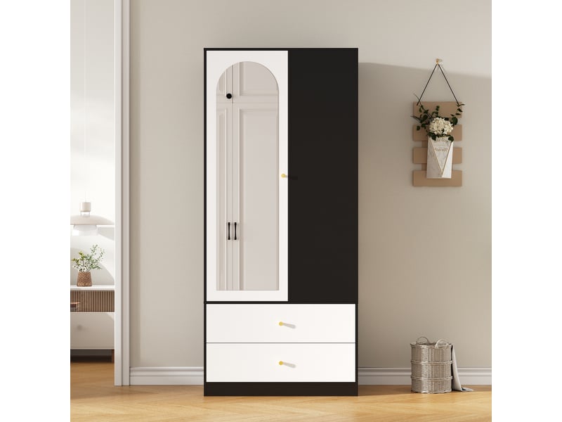  Armoire penderie avec miroir - 80x40x180cm - 1 porte, 2 tiroirs &amp; 4 étagères - charnières soft-close - noir &amp; blanc  - Conforama B