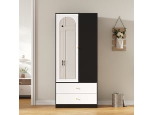 Armoire penderie avec miroir - 80x40x180cm - 1 porte, 2 tiroirs & 4 étagères - charnières soft-close - noir & blanc