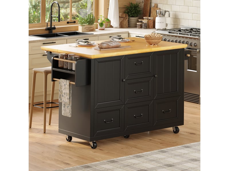  Îlot de cuisine sur roulettes 120 cm noir et blanc, desserte avec plateau pliable, 5 tiroirs, porte-serviettes et étagère à épices  - Conforama B