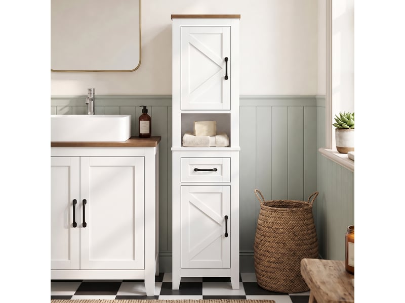  Meuble de salle de bain haut et étroit de style campagnard avec tiroir, compartiment ouvert, portes et étagères réglables, 34,5 x 30 x 148 cm, blanc  - Conforama C