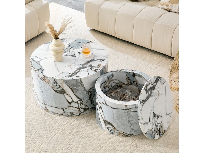Tables basses gigognes rondes avec rangements et couvercle amovible en mdf blanc pour salon 62,8 cm × 35 cm - Conforama E