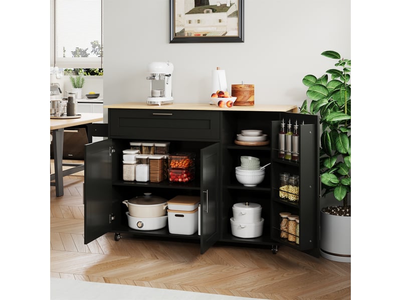 Îlot de cuisine sur roulettes avec plateau rabattable extensible, meuble de rangement design noir et naturel, l132.5xp70xh90cm - Conforama E