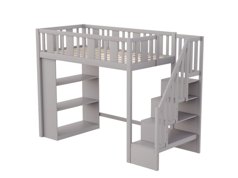  Lit mezzanine enfant 90x200 cm avec escalier de rangement et étagères, en bois gris, sans matelas  - Conforama D
