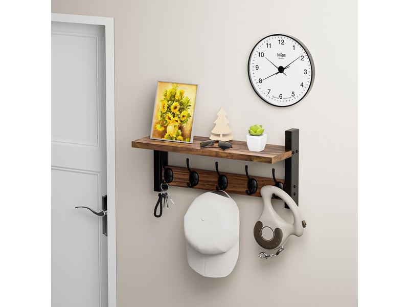  Porte-manteau mural étagère portemanteaux métal 5 crochets étagère murale crochet suspendre couloir chambre salle bains, marron  - Conforama D