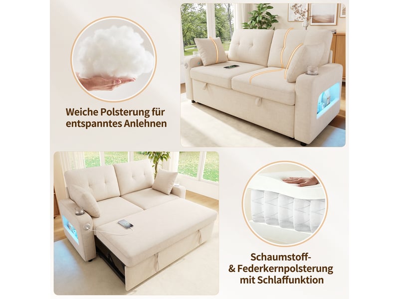  Canapé convertible 2 places beige en chenille avec port usb et type-c  - Conforama E