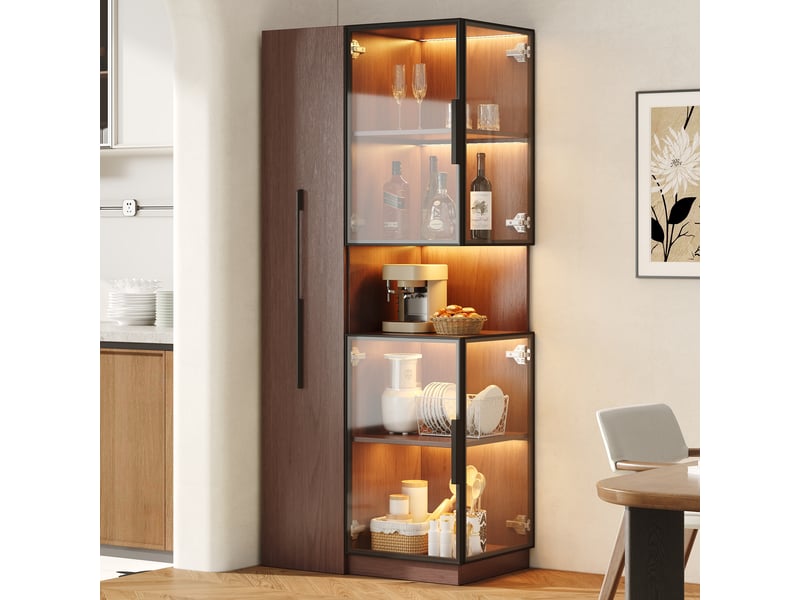  Vitrine armoire led verre 70x38x160cm meuble de rangement buffet haut avec éclairage led 5 portes pour salon cuisine - noyer  - Conforama C