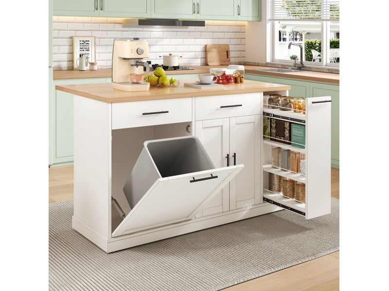  Desserte de cuisine avec plateau rabattable, 2 tiroirs, rangement à épices et poubelle, mdf blanc, 120 × 70 × 93 cm  - Conforama C