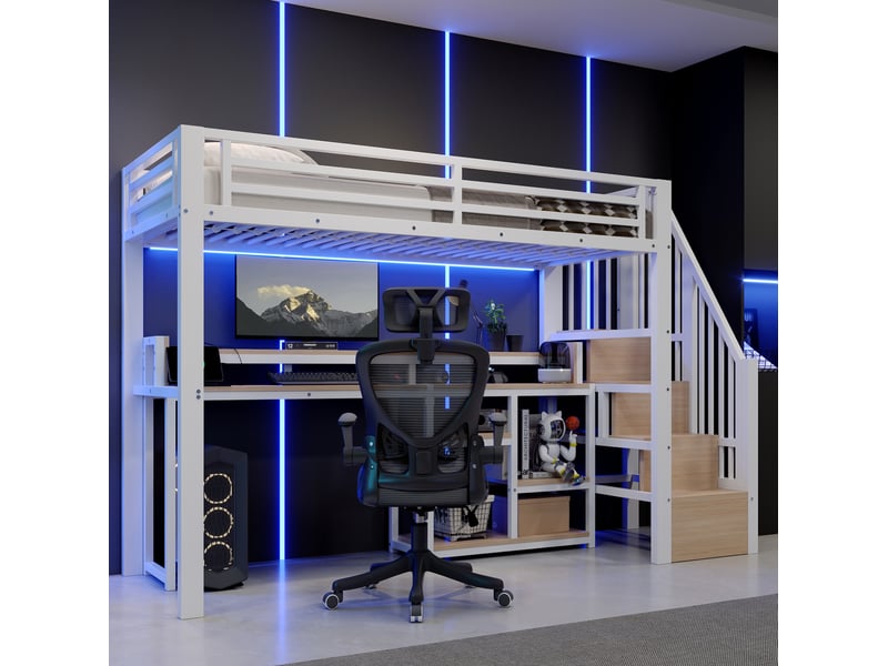  Lit mezzanine 90x200 cm avec rangements, led et ports usb et type c en métal et mdf blanc  - Conforama C