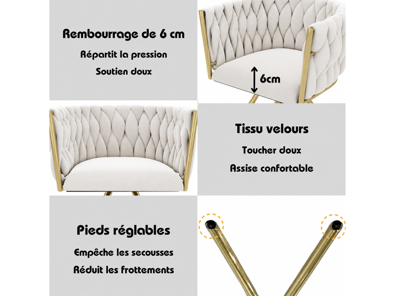  Lot de 2 chaises de salle à manger pivotantes 360° en velours beige et métal doré, dossier enveloppant chic  - Conforama D