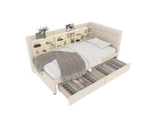 Lit avec rangement 90x200 cm <strong>MERAX</strong>  <strong>lit enfant beige</strong> coloris beige