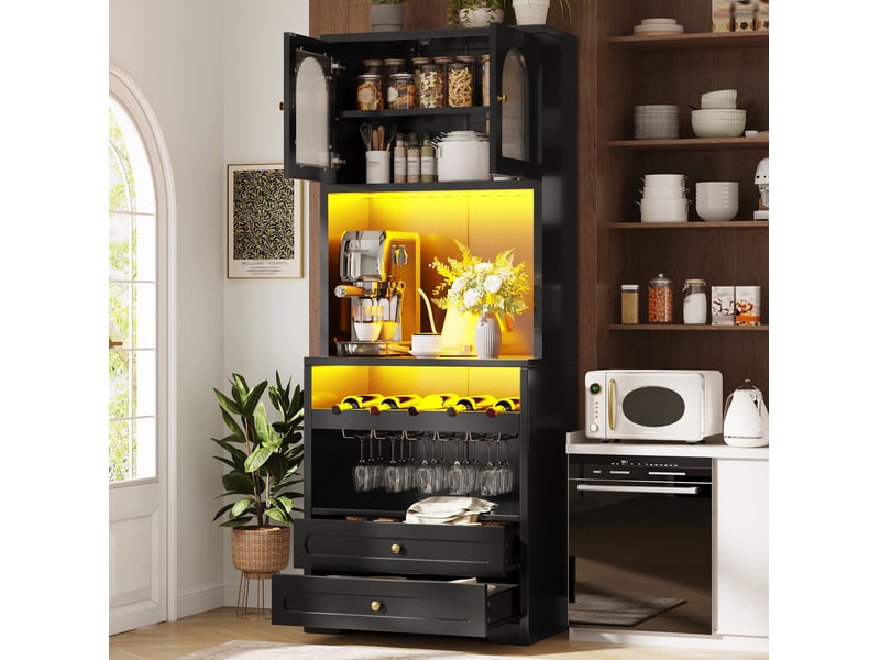 Buffet haut modenvie noir 70 x 40 x 180 cm led, portes vitrées cintrées, range-bouteilles, usb - Conforama E