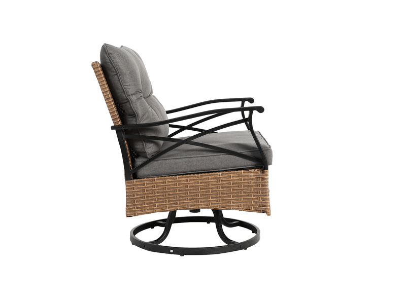  Salon de jardin extérieur 2 fauteuils pivotants 360 degrés et table, acier et résine tressée marron gris  - Conforama D
