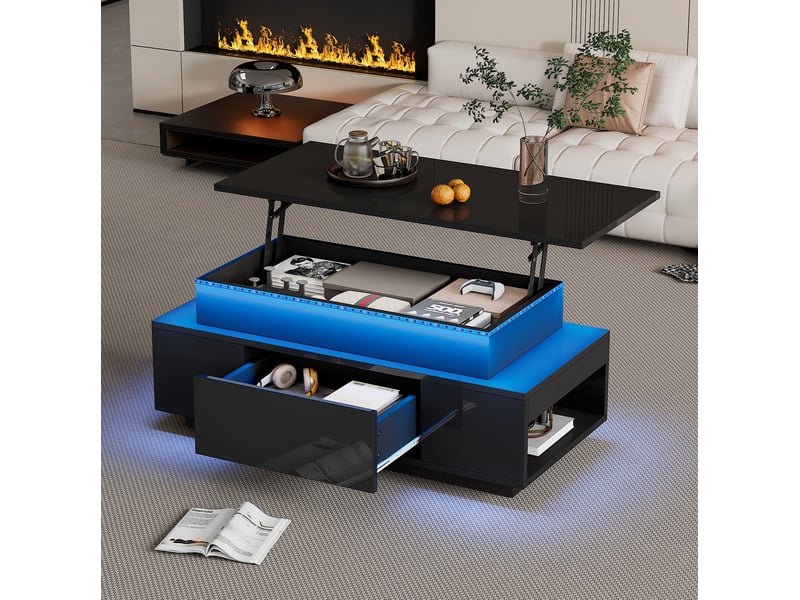  Table basse relevable 96x45x40 cm avec coffre rangement et tiroir plateau moderne brillant aggloméré noir  - Conforama R