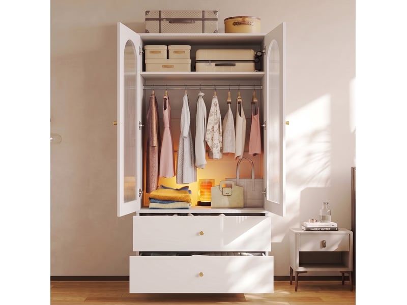  Armoire modenvie 2 portes en verre strié 90 x 50 x 200 cm avec 2 tiroirs blanche  - Conforama D