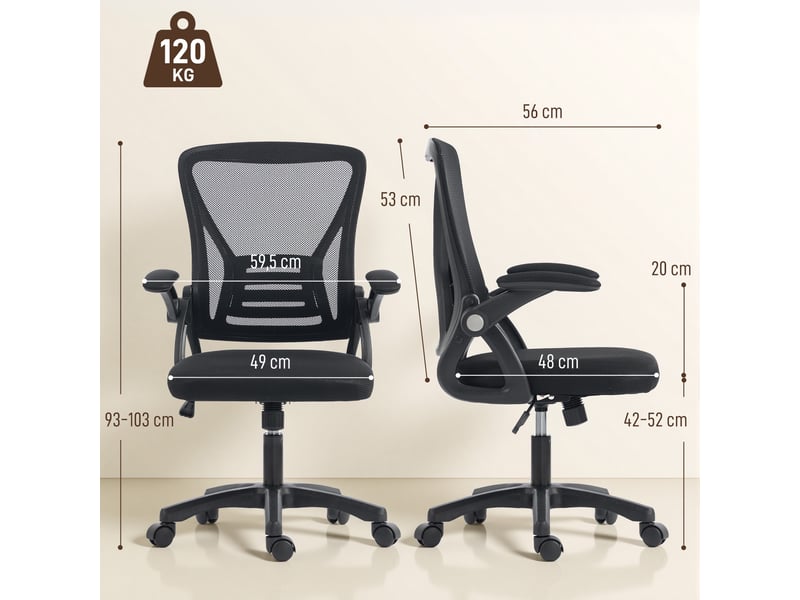 Chaise bureau ergonomique, fauteuil de bureau en maille, accoudoirs relevables, 59,5x56x103cm, hauteur réglable, noir  - Conforama C