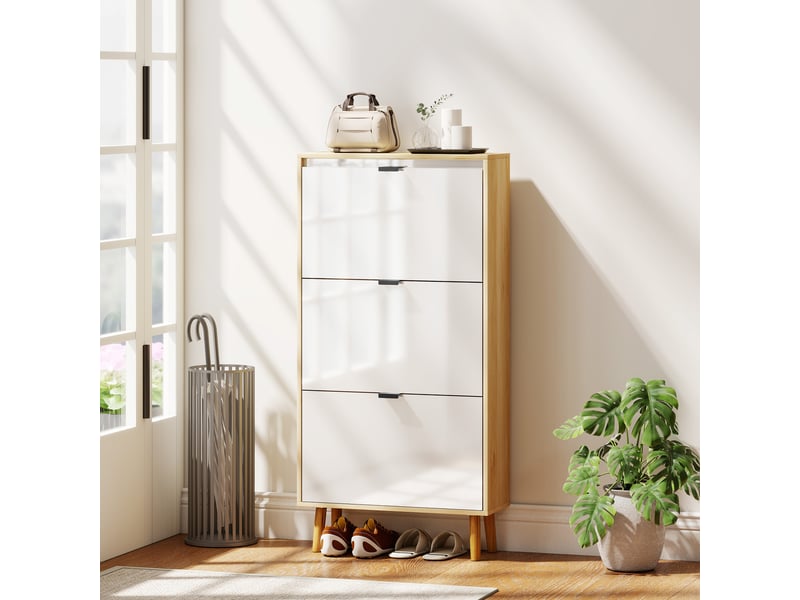  Meuble à chaussures, armoire à chaussures étroite, 3 tiroirs rabattables, porte haute brillante, 60x24x127cm, blanc  - Conforama C