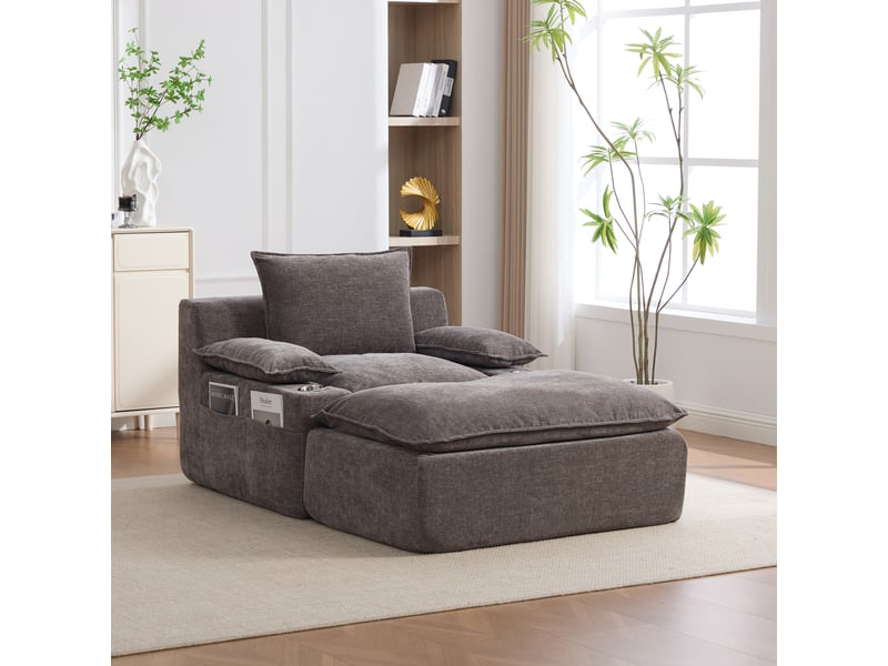 Méridienne relax en tissu chenille gris, fauteuil inclinable avec repose-pieds et coussins, porte-gobelet intégré, sans montage pour salon moderne - Conforama B